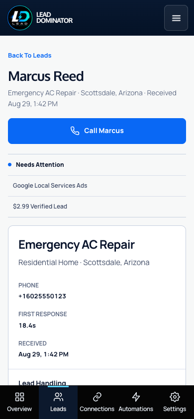 Lead detail on a phone: the customer's name, request, source, a Call button, and the first-response time