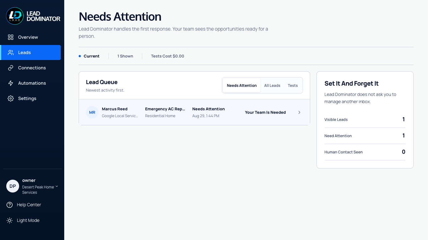Leads list showing each lead's source, status, and response time