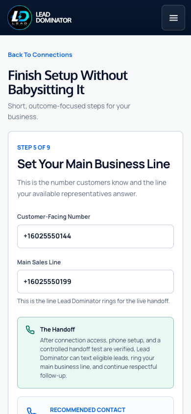 Setup step for the main business line, showing the customer-facing number and the line Lead Dominator rings for the live handoff